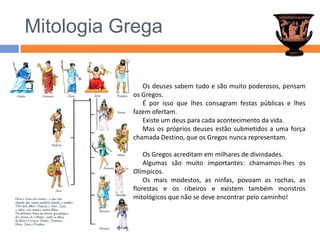 Mitologia GregaOs deuses sabem tudo e são muito poderosos, pensam os Gregos.É por isso que lhes consagram festas públicas e lhes fazem ofertam.Existe um deus para cada acontecimento da vida.Mas os próprios deuses estão submetidos a uma força chamada Destino, que os Gregos nunca representam. Os Gregos acreditam em milhares de divindades.Algumas são muito importantes: chamamos-lhes os Olímpicos.Os mais modestos, as ninfas, povoam as rochas, as florestas e os ribeiros e existem também monstros mitológicos que não se deve encontrar pelo caminho!