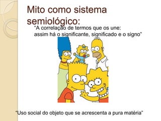 Mito como sistema semiológico:“A correlação de termos que os une: assim há o significante, significado e o signo”“Uso social do objeto que se acrescenta a pura matéria”