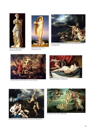 Venus y Adonis partiendo para cazar (Sainte-Anne de
Guadeloupe)
Venus de Milo (Anónimo,
período helenístico)

Nacimiento de Venus
(Amaury-Duval)

Venus enseñando las armas a Eneas (Possin)

Venus del espejo (Velázquez)

Nacimiento de Venus (Botticelli)

Marte y Venus sorprendidos por Vulcano (Paris Bordon)

15

 