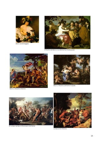 Baco (Caravaggio)

El triunfo de Baco o Los Borrachos (Velázquez)

Baco y Ariadna (Antoine Coypel)
Baco y Ariadna (Tiziano)

El cortejo de Baco (Francesco de Mura)
La Bacanal (Tiziano)

25

 