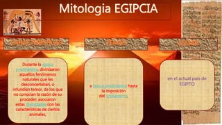 a época predinástica hasta
la imposición
del cristianismo,
en el actual país de
EGIPTO
Durante la época
predinástica, divinizaron
aquellos fenómenos
naturales que les
desconcertaban, o
infundían temor, de los que
no conocían la razón de su
proceder; asociaron
estas divinidades con las
características de ciertos
animales,
 