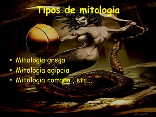 Tipos de mitologia




• Mitologia grega
• Mitologia egípcia
• Mitologia romana , etc...
 
