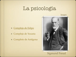 La psicología
Complejo de Edipo
Complejo de Yocasta
Completo de Antígona
Sigmund Freud
Imagen
 