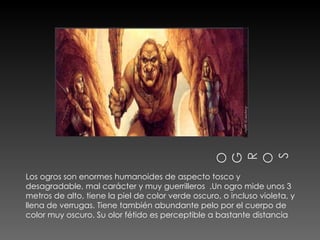 Los ogros son enormes humanoides de aspecto tosco y desagradable, mal carácter y muy guerrilleros  .Un ogro mide unos 3 metros de alto, tiene la piel de color verde oscuro, o incluso violeta, y llena de verrugas. Tiene también abundante pelo por el cuerpo de color muy oscuro. Su olor fétido es perceptible a bastante distancia 