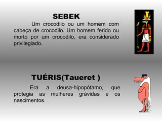 SEBEK
         Um crocodilo ou um homem com
cabeça de crocodilo. Um homem ferido ou
morto por um crocodilo, era considerado
privilegiado.




      TUÉRIS(Taueret )
       Era a deusa-hipopótamo, que
protegia as mulheres grávidas e os
nascimentos.
 