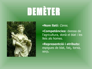 DEMÈTER Nom llatí:  Ceres . Competències:  deessa de l'agricultura, donà el blat i les lleis als homes. Representció i atributs:  espigues de blat, falç, torxa, serp . 