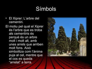 Símbols
• El Xiprer: L’arbre del
cementiri.
El motiu pel qual el Xiprer
és l’arbre que es troba
als cementiris és
perquè és un arbre
molt i molt alt, amb
unes arrels que arriben
molt fons. Això
simbolitza com l’ànima
puja al cel, mentre que
el cos es queda
“arrelat” a terra.
 