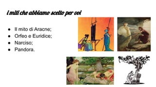 i miti che abbiamo scelto per voi
● Il mito di Aracne;
● Orfeo e Euridice;
● Narciso;
● Pandora.
 