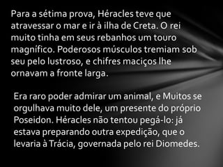 Para a sétima prova, Héracles teve que
atravessar o mar e ir à ilha de Creta. O rei
muito tinha em seus rebanhos um touro
magnífico. Poderosos músculos tremiam sob
seu pelo lustroso, e chifres maciços lhe
ornavam a fronte larga.

Era raro poder admirar um animal, e Muitos se
orgulhava muito dele, um presente do próprio
Poseidon. Héracles não tentou pegá-lo: já
estava preparando outra expedição, que o
levaria à Trácia, governada pelo rei Diomedes.
 