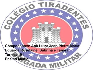 Componentes: Ana Luiza,Jean Pierre,Maria
Eduarda,Roselaine, Sabrina e Tanara
Turma: 101
Ensino Médio
 
