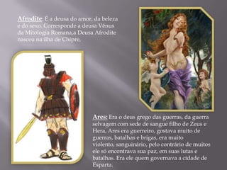 Afrodite: É a deusa do amor, da beleza
e do sexo. Corresponde a deusa Vênus
da Mitologia Romana,a Deusa Afrodite
nasceu na ilha de Chipre,




                            Ares: Era o deus grego das guerras, da guerra
                            selvagem com sede de sangue filho de Zeus e
                            Hera, Ares era guerreiro, gostava muito de
                            guerras, batalhas e brigas, era muito
                            violento, sanguinário, pelo contrário de muitos
                            ele só encontrava sua paz, em suas lutas e
                            batalhas. Era ele quem governava a cidade de
                            Esparta.
 