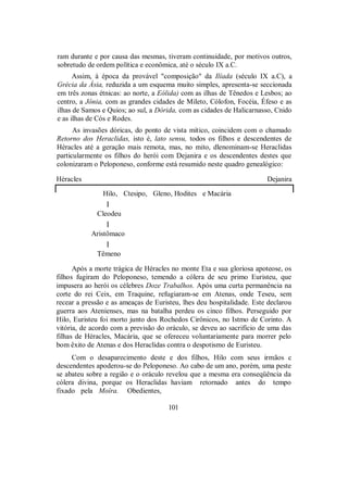 ram durante e por causa das mesmas, tiveram continuidade, por motivos outros,
sobretudo de ordem política e econômica, até o século IX a.C.
Assim, à época da provável "composição" da Ilíada (século IX a.C), a
Grécia da Ásia, reduzida a um esquema muito simples, apresenta-se seccionada
em três zonas étnicas: ao norte, a Eólida) com as ilhas de Tênedos e Lesbos; ao
centro, a Jônia, com as grandes cidades de Mileto, Cólofon, Focéia, Éfeso e as
ilhas de Samos e Quios; ao sul, a Dórida, com as cidades de Halicarnasso, Cnido
e as ilhas de Cós e Rodes.
As invasões dóricas, do ponto de vista mítico, coincidem com o chamado
Retorno dos Heraclidas, isto é, lato sensu, todos os filhos e descendentes de
Héracles até a geração mais remota, mas, no mito, dlenominam-se Heraclidas
particularmente os filhos do herói com Dejanira e os descendentes destes que
colonizaram o Peloponeso, conforme está resumido neste quadro genealógico:
Héracles Dejanira
Hilo, Ctesipo, Gleno, Hodites e Macária
|
Cleodeu
|
Aristômaco
|
Têmeno
Após a morte trágica de Héracles no monte Eta e sua gloriosa apoteose, os
filhos fugiram do Peloponeso, temendo a cólera de seu primo Euristeu, que
impusera ao herói os célebres Doze Trabalhos. Após uma curta permanência na
corte do rei Ceix, em Traquine, refugiaram-se em Atenas, onde Teseu, sem
recear a pressão e as ameaças de Euristeu, lhes deu hospitalidade. Este declarou
guerra aos Atenienses, mas na batalha perdeu os cinco filhos. Perseguido por
Hilo, Euristeu foi morto junto dos Rochedos Cirônicos, no Istmo de Corinto. A
vitória, de acordo com a previsão do oráculo, se deveu ao sacrifício de uma das
filhas de Héracles, Macária, que se ofereceu voluntariamente para morrer pelo
bom êxito de Atenas e dos Heraclidas contra o despotismo de Euristeu.
Com o desaparecimento deste e dos filhos, Hilo com seus irmãos c
descendentes apoderou-se do Peloponeso. Ao cabo de um ano, porém, uma peste
se abateu sobre a região e o oráculo revelou que a mesma era conseqüência da
cólera divina, porque os Heraclidas haviam retornado antes do tempo
fixado pela Moîra. Obedientes,
101
 