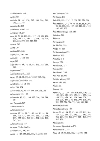 Arábia Petréia 335
Arato 202
Arcádia 59, 102, 156, 212, 260, 284, 290,
295, 323, 324
Arconte-Rei 297
Arctino de Mileto 112
Areópago 91, 294
Áres 48, 71, 81, 109, 125, 127, 129, 136, 138,
139, 159, 174, 187, 217, 218, 219, 221,
233, 238, 290, 335, 343, 348
Arestor 282
Arete 129
Aretusa 229, 260,
Arges; 154, 196, 204
Argivos 111, 142, 146
Argo 282
Argólida 44, 68, 74, 75, 84, 102, 243, 255,
326
Argonautas 237
Argonáuticas; 183, 222
Argos 85, 91, 92, 131, 259, 282, 282 , 326
Argos-de-Cem Olhos 242
Ariadne 55, 61, 64, 159
Aríon 284, 324
Aristófanes 30, 30, 288, 294, 294, 296, 299
Aristômaco 101, 102
Aristóteles 45, 121, 133, 152, 286, 289, 294,
301
Ars Amatoria 247
Arte de Amar 247
Artemidoro 262 `
Ártemis 57, 59, 71, 72, 80, 84, 86, 92, 94,
109, 110, 127, 159, 188, 212, 213, 218,
219, 222, 223, 260, 281, 284, 288, 290,
343, 348
Ártemis Ctônia 187
Árvores, Ninfas das 214
Asclépio 204, 206, 298
Ascra 16, 147, 153, 160, 177, 184, 203, 233
As Confissões 250
As Deusas 290
Ásia 108, 119, 123, 217, 228, 236, 279, 304
Ásia Menor 27, 44, 50, 52, 66, 81, 86, 92, 97,
98, 99, 100, 105, 107, 119, 120, 121, 122,
147, 152, 323
Ásia Menor Grega 118, 146
Asiáticos 318
Ásina 74
As Nuvens 30
As Rãs 294, 299
Asopo 81, 226
As Sacerdotisas 294
Assáraco 322
Astarté 215 1
Astecas 278
Astéria 156, 157
Astério 302
Astérion 61, 280
Ast. Poet 11 202
Astréia, Virgem 202
Astreu 156, 157
Asuwa 99
Átamas 281
Atená 71, 72, 73, 91, 107, 108, 109, 110, 122,
125, 127, 128, 129, 130, 131, 133, 136,
138, 139, 158, 162, 168, 206, 209, 211,
212, 238, 239, 240, 282, 290, 296, 298,
311, 322, 324, 326, 335, 340, 343, 348
Atená Prónoia 109
Atená Providência 109
Atenas 29, 62, 64, 73, 83, 94, 100, 101, 103,
117, 123, 149, 151, 152, 223, 252, 286,
288, 289, 295, 296, 297, 297 , 298, 299,
317, 326
Atenéias 286
Ateniense, Constituição 151
Atenienses 101, 327
Ática 64, 67, 68, 100, 102, 113, 295, 324
 