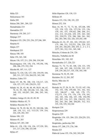 Hália 325
Halicarnasso 101
Halôa 289
Haloas 288, 289 , 289, 323
Hamadríadas 214
Harmakhis 253
Harmonia 159, 203, 217
Hárpago 237
Harpia(s) 155, 230, 235, 236, 237,246, 309
Harpina 81
Hárpis 237
Hatshepsut 253
Hatusa 100, 103
Hebe 159, 343, 348
Hécate 156, 157, 211, 259, 290, 339,348
Hecatonquiros 154, 158, 176, 195,196, 198,
200, 206, 275, 332, 334
Hécuba 88, 107, 111, 127
Hefesto 72, 124, 126, 127, 138, 139,159, 168,
205, 211, 217, 218, 264,335, 343, 348
Heidrun, Cabra 333
Heitor 87, 88, 98, 100, 110, 116,117, 125,
126, 127, 137, 145, 230,231, 322
Hélade 16, 28, 43, 46, 48, 49, 50,51, 66, 67,
70, 81, 95, 100, 103,104, 115, 146, 148,
149, 153, 183,207, 245, 286, 295, 341,
345
Heládico Antigo 43, 44, 45, 49, 50
Heládico Médico 43, 75
Heládico Recente 44, 75
Helena 14, 78, 85, 86, 92, 95, 102,106, 108,
109, 110, 111, 112, 113,125, 139, 216,
222, 228, 282, 343
Heleno 108, 125
Helenos 45, 283
Hélicon 147, 203, 240
Hélio 61, 128, 130, 134, 156, 157,159, 201,
211, 217, 218, 290, 325,348
Hélios 47
Hélio Hiperíon 128, 130, 133
Héllenes 45
Hemera 153, 154, 190, 191, 225
Hêmon 252, 336
Hera 14, 59, 71, 72, 73, 84, 107,108, 109,
122, 124, 125, 126, 127,134, 135, 136,
139, 141, 157, 159,162, 200, 204, 211,
212, 213, 221,224, 229, 235, 243, 245,
255, 259,275, 279, 280, 280, 281, 282,
282, 283, 304, 322, 326, 335,343, 348
Héracles 61, 81, 87, 101, 103, 159,162, 167,
175, 186, 211, 212,221, 226, 229, 233,
234, 241, 242,243, 244, 255; 2 , 2 1, 2 3,
2277, 281, 312, 318 , 343, 348
Héracles, Colunas de 234, 326
Héracles, Trabalhos de 44
Heraclidas 101, 102, 103
Hermafrodito 217, 220, 221
Hermes 71, 72, 73, 85, 108, 129, 131, 159,
162, 168, 187, 188, 212,220, 235, 237,
238, 239, 282,317, 335, 336, 343, 348
Hermíona 78, 92, 95, 108
Heródoto 29, 12, 283, 287
Heróis, Mito dos 16
Héros 279
Hesíodo 16, 27, 28, 31, 58 , 72,132, 147, 150,
152, 153, 158, 159,160, 161, 162, 163,
165, 166,167 , 168, 169, 170, 171,
172,173, 174, 175, 176, 178, 179, 181,
182, 183, 194, 186, 187, 190, 192,199,
203, 207, 216, 217, 228, 230,232, 233,
242, 243, 265, 280, 284,285, 312, 313,
335, 338, 339, 343,344
Hesíquio 234
Hesperaretusa 229
Hespéria 229
Hespérides 154, 155, 204, 225, 228,229, 233,
238, 242
Hespérides, jardim das 280
Héstia 157, 200, 275, 276, 348
Hetaíra 223
Hidra de Lema 155, 156, 242, 243,244
 