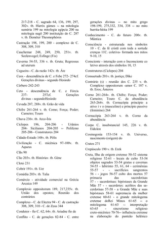 217-218 - C. sagrado 64, 136, 199, 297,
302v. tb. Hieròs gámos -- na mitologia
suméria 199 na mitologia egípcia 200 na
mitologia nagô 200 instituição do C. 287
v. tb. Deméter Thesmophóros
Castração 198, 199, 200 - complexo de C.
308, 309, 310
Cauchemar 248, 249, 250, 251v. tb.
Seelenvogel; Esfinge (Fix)
Caverna 54-55, 336 v. tb. Gruta; Regressus
ad uterum
Cegueira - C. da razão 142v. tb. Áte
Ceos - descendência de C. e Febe 272- 274cf.
Gerações divinas - segundo Hesíodo
Cérbero 242-243
Ceto - descendência de C. e Fórcis
237- 257cf. Gerações
divinas - segundoHesíodo
Cevada 287, 288v. tb. Grão de vida
Chifre 261-264 v. tb. Como; Força; Poder;
Carneiro; Touro
Chuva 236v. tb. Arco-Íris
Ciclopes 196, 204-206 - Urânios
204- Sicilianos 204-205 -- Polifemo
205-206 - Construtores 204
Cidade-Estado 148v. tb. Pólis
Civilização - C. micênica 97-100v. tb.
Aqueus
Clãs 90
Clio 203v. tb. Históriav. tb. Géne
Cloto 231
Cobrir 191v. tb. Uer
Comédia 203v. tb. Talia
Comércio - atividade comercial na Grécia
Arcaica 149
Complexio oppositorum 189, 217,235v. tb.
União dos opostos; Reunião dos
contrários
Complexo - C. de Electra 94 - C. de castração
308, 309, 310 - C. de Zeus 344
Condutor - fio C. 62, 64v. tb. Ariadne fio de
Conflito - C. de gerações 82-84 - C. entre
gerações divinas -- no mito grego
198-199, 275,332, 334, 338 -- no mito
hurrita-hitita 199
Conhecimento - C. do futuro 200v. tb.
Mântica
Consciência - estruturada nos símbolos
10 - C. da fé cristã com toda a sortede
crenças 11C. coletiva- formada nos mitos
9-10, 15
Consciente - interação com o Inconsciente co
letivo através dos símbolos 10, 15
Construtores (Ciclopes) 204
Consuetudo 201v. tb. justiça; Díke
Contrário (s) - reunião dos C. 235 v. tb.
Complexo oppositorum -amor C. 187 v.
tb. Eros; Ânteros
Corno 261-264v. tb. Chifre; Força; Poder;
Carneiro; Touro C. da abundância
263-264v. tb. Cornucópia princípio a
ativo i v o (masculino) e princípio passivo
(feminino) 264
Cornucópia 263-264 v. tb. Corno da
abundância
Corpo C. insubstancial 145, 226 v. tb.
Eídolon
Cosmogonia 153-154 v. tb. Universo,
nascimento (origem) do
Cratos 271
Crepúsculo 190 v. tb. Erek
Creta, Ilha de origem cretense 50-52 sistema
religioso 52-61 - locais de culto 53-54
objetos sagrados 53-54 grutas e cavernas
54-55 - labirinto 55, 61, 64 - cerimônias
55-57 - - sacrifícios sangrentos
56 - - jogos 56-57 culto dos mortos 57
primazia das sacerdotisas
57 - - sacerdotisas: hipóstases da Grande
Mãe 57 - - sacerdotes: acólitos das sa-
cerdotisas 57-58 - a Grande Mãe e suas
hipóstases 58-61 supremacia da mulher
cretense 60-61 - o grande mitologema
cretense doRei Minos 61-65 -- o
mitologema 61-63 -- interpretação
63-65 - sincretismo religioso
creto-micênico 70-76-- influência cretense
na elaboração do panteão helênico
 