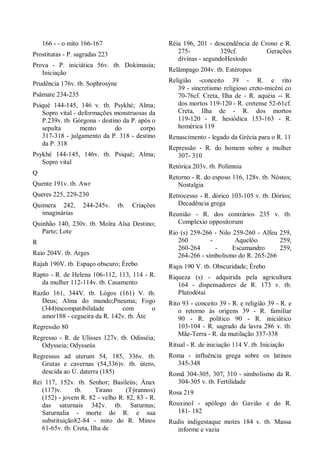 166 - - o mito 166-167
Prostitutas - P. sagradas 223
Prova - P. iniciática 56v. tb. Dokimasía;
Iniciação
Prudência 176v. tb. Sophrosýne
Psâmate 234-235
Psiqué 144-145, 146 v. tb. Psykhé; Alma;
Sopro vital - deformações monstruosas da
P.239v. tb. Górgona - destino da P. após o
sepulta mento do corpo
317-318 - julgamento da P. 318 - destino
da P. 318
Psykhé 144-145, 146v. tb. Psiqué; Alma;
Sopro vital
Q
Quente 191v. tb. Awr
Queres 225, 229-230
Quimera 242, 244-245v. tb. Criações
imaginárias
Quinhão 140, 230v. tb. Moîra Aîsa Destino;
Parte; Lote
R
Raio 204V. tb. Arges
Rajah 190V. tb. Espaço obscuro; Érebo
Rapto - R. de Helena 106-112, 113, 114 - R.
da mulher 112-114v. tb. Casamento
Razão 161, 344V. tb. Lógos (161) V. tb.
Deus; Alma do mundo;Pneuma; Fogo
(344)incompatibilidade com o
amor188 - cegueira da R. 142v. tb. Áte
Regressão 80
Regresso - R. de Ulisses 127v. tb. Odisséia;
Odysseia; Odysseús
Regressus ad uterum 54, 185, 336v. tb.
Grutas e cavernas (54,336)v. tb. útero,
descida ao Ú. daterra (185)
Rei 117, 152v. tb. Senhor; Basileús; Ánax
(117)v. tb. Tirano (Týrannos)
(152) - jovem R. 82 - velho R. 82, 83 - R.
das saturnais 342v. tb. Saturnus;
Saturnalia - morte do R. e sua
substituição82-84 - mito do R. Minos
61-65v. tb. Creta, Ilha de
Réia 196, 201 - descendência de Crono e R.
275- 329cf. Gerações
divinas - segundoHesíodo
Relâmpago 204v. tb. Estéropes
Religião -conceito 39 - R. e rito
39 - sincretismo religioso creto-micêni co
70-76cf. Creta, Ilha de - R. aquéia -- R.
dos mortos 119-120 - R. cretense 52-61cf.
Creta, Ilha de - R. dos mortos
119-120 - R. hesiódica 153-163 - R.
homérica 119
Renascimento - legado da Grécia para o R. 11
Repressão - R. do homem sobre a mulher
307- 310
Retórica 203v. tb. Polímnia
Retorno - R. do esposo 116, 128v. tb. Nóstos;
Nostalgia
Retrocesso - R. dórico 103-105 v. tb. Dórios;
Decadência grega
Reunião - R. dos contrários 235 v. tb.
Complexio oppositorum
Rio (s) 259-266 - Nilo 259-260 - Alfeu 259,
260 - Aquelôo 259,
260-264 - Escamandro 259,
264-266 - simbolismo do R. 265-266
Riqis 190 V. tb. Obscuridade; Érebo
Riqueza (s) - adquirida pela agricultura
164 - dispensadores de R. 173 v. tb.
Plutodótai
Rito 93 - conceito 39 - R. e religião 39 - R. e
o retorno às origens 39 - R. familiar
90 - R. político 90 - R. iniciático
103-104 - R. sagrado da lavra 286 v. tb.
Mãe-Terra - R. da mutilação 337-338
Ritual - R. de iniciação 114 V. tb. Iniciação
Roma - influência grega sobre os latinos
345-348
Romã 304-305, 307, 310 - simbolismo da R.
304-305 v. tb. Fertilidade
Rosa 219
Rouxinol - apólogo do Gavião e do R.
181- 182
Rudis indigestaque motes 184 v. tb. Massa
informe e vazia
 