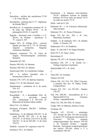 S
Sacerdotes - acólitos das sacerdotisas 57-58
v. tb. Creta, Ilha de
Sacerdotisas - primazia das S. 57 - hipóstases
da Grande Mãe 57
Sacrifício (s) - S. sangrentos cretenses 56 - S.
de Isaac (de Abraão) 92-93 - S. do
primogénito 92-94 - S. reais 94
Sagrado - dicotomia entre o profano e o S.
40-41v. tb. Profano - parentesco S.
77 - arauto S. 297
Sangue 247v. tb. Esfinge (Fix) - pessoas
ligadas por laços de S. 77v. tb. Personae
sanguine coniunctae; Sanguine
coniunctus; Hamartía
Sanguine coniunctus 77v. tb. Laços de
sangue; Personaesanguine coniunctae;
Hamartía
Saturnalia 341-342
Saturno 340-342v. tb. Saturnus
Saturnus 340-342v. tb. Saturno
Seelenvogel 248v. th. Cauchemar; Esfinge
Self - S. cultura: interação com o
Inconsciente coletivo 10
Semente 178 1 247v. tb. Spérma; Esperma
Senhor 117v. tb. Rei; Basileús; Ánax
Sepultamento - cerimônias de S. do morto
316- 317
Serpente 59, 60
Sexualidade - S. e fecundidade 224v. tb.
Afrodite - perversão sexual
224 - alimentação e S. 307-310v. tb.
Repressão do homem sobrea mulher
Sheol 314 v. tb. Inferno
Sicilianos (Ciclopes) 204-205 - Polifemo
205-206
Simbolismo - S. da Atlântida 328-329 - S. da
romã 304-305, 307, 310 - S. do fogo
276-279 - S. do freixo 214-215 S. do leão
256-257 - S. do rio 265-266 - S. do vento
270-271
Símbolo - conceito 38 - expressa o mito 38
Simulacro 145 v. tb. Eídolon
Sincretismo - S. religioso creto-micênico
70-76-- influência cretense no panteão
helênico 70-74 no culto aos deuses 74-75
no culto aos mortos 75-76
Sísifo - mito de S. 226
Soberania 48 - v. tb. Estrutura trifuncional.
indo-européia
Soberano 152 v. tb. Tirano (Týrannos)
Sogra 210 Sol 261, 264 v. tb. Lua;
Masculino; Feminino
Soldado - S. de infantaria 150 v. tb. Hoplita
Sonho - S. funesto 134
Sophrosýne 176 v. tb. Prudência
Sopro - S. vital 144 V. tb. Psiqué (Psykhé)
Sorte 232 V. tb. Tique; Acaso
Soteriologia 33
Spérma 178, 247 v. tb. Semente; Esperma
Súcubo(s) 250, 251 v. tb. Incubo (s) ;
Esfinge; Esperma; Cauchemar
Superioridade 143 v. tb. Areté
T
Talia 203v. tb. Comédia
Tânatos 225-228
Tártaro 186, 314, 318, 319, 320cf. Universo,
a primeira fase dov. tb. Hades; Érebo;
CamposElísios
Taumas 233, 235 - íris 235-236 - Harpias
236-237
Téia 196, 200-201 - descendência de T. e
Hiperíon268-271cf. Gerações
divinas - segundoHesíodo
Têmis 152, 196, 201-202v. tb. Justiça
Tempo 198v. tb. Khrónos; Krónos; Crono
Teofanias 192
Teogonia 147, 153-163 - etimologia
153- divisão da obra 153-160 invocação
às musas 153 cosmogonia (nascimento do
Universo) 153-154-- teogonia
(origem/genealogia dos deuses) 154-159
v. tb. Gerações divinas - segundo
Hesíodo-- heroogonia (origem/genealogia
dos heróis) 159-160- crítica à T. e
comentários 160-163
 