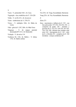 V
Vazio - V. primordial 184 v. tb. Caos
Vegetação - ritos simbólicos da V. 218-220
Velho - V. rei 82, 83 v. tb. Jovem rei
Vento - simbolismo do V. 270-271
Vícios - V. múltiplos 244v. tb. Hidra de
Lerna
Vida - grão da V. 287, 288v. tb. Mãe-Terra
Vingança - V. do sangue parental
derramado207-211v. tb. Homicídio
Violação - V. da noiva 114
Violência 84, 134v. tb. Hýbris - V. bélica
174v. tb. Hýbris militar
Y
Yin 235v. tb. Yang; Fecundidade; Harmonia
Yang 235v. tb. Yin; Fecundidade; Harmonia
Z
Zelos 271
Zeus - nascimento e infância de Z. 333 - sua
luta pela poder 157-158, 332,334, 336 - a
conquista do poder 158 - domínio e
governo de Z. 132,135, 158-159, 161-162,
336, 338- 340 - detentor das virtudes e das
artes 162 - hierogamias de Z. 162 - mito
de Z. e Afrodite 221 - complexo de Z. 344
Zoolatria - crenças zoolátricas 89
 