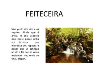 FEITECEIRA
Vive preto dos ríos e os
regatos. Ainda que é
anciá, o seu aspecto
non repele, posúe unha
voz fermosa que
hipnotiza aos rapaces e
nenos que se achegan
ao río e fai que se vaian
metendo nel, onde ao
final, afogan.
 