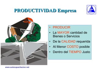 PRODUCTIVIDAD Empresa PRODUCIR La  MAYOR  cantidad de Bienes o Servicios De la  CALIDAD  requerida Al Menor  COSTO  posible Dentro del  TIEMPO  Justo 
