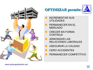 INCREMENTAR SUS UTILIDADES PERMANECER EN EL MERCADO CRECER EN FORMA CONTINUA ARMONIZAR LAS RELACIONES LABORALES ASEGURAR LA CALIDAD CERO ACCIDENTES PERMANECER COMPETITIVO OPTIMIZAR permite: 