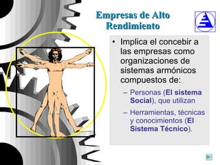 Empresas de Alto Rendimiento Implica el concebir a las empresas como organizaciones de sistemas armónicos compuestos de:  Personas ( El sistema Social ), que utilizan  Herramientas, técnicas y conocimientos ( El Sistema Técnico ). 