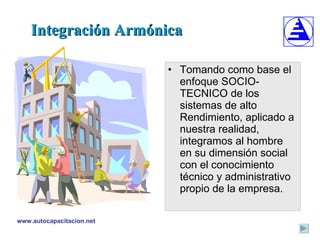 Tomando como base el enfoque SOCIO-TECNICO de los sistemas de alto Rendimiento, aplicado a nuestra realidad, integramos al hombre en su dimensión social con el conocimiento técnico y administrativo propio de la empresa. Integración Armónica 