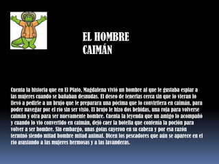 EL HOMBRE CAIMÁN Cuenta la historia que en El Plato, Magdalena vivió un hombre al que le gustaba espiar a las mujeres cuando se bañaban desnudas. El deseo de tenerlas cerca sin que lo vieran lo llevó a pedirle a un brujo que le preparara una pócima que lo convirtiera en caimán, para poder navegar por el río sin ser visto. El brujo le hizo dos bebidas, una roja para volverse caimán y otra para ser nuevamente hombre. Cuenta la leyenda que un amigo lo acompañó y cuando lo vio convertido en caimán, dejó caer la botella que contenía la poción para volver a ser hombre. Sin embargo, unas gotas cayeron en su cabeza y por esa razón terminó siendo mitad hombre mitad animal. Dicen los pescadores que aún se aparece en el río asustando a las mujeres hermosas y a las lavanderas. 