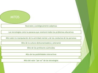 MITOS
Las tecnologías como la panacea que resolverá todos los problemas educativos
Neutrales y axiológicamente asépticas
Mito sobre la manipulación de la actividad mental y de las conductas de las personas
Mito de la cultura deshumanizadora y alienante
Mito de los profesores sustituidos
Mito de las posibilidades interactivas
Mito del valor “per se” de las tecnologías
 