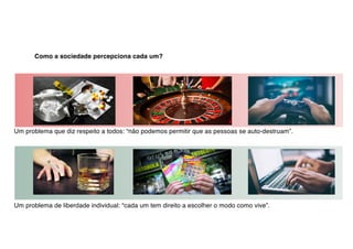 Como a sociedade percepciona cada um?
Um problema que diz respeito a todos: “não podemos permitir que as pessoas se auto-destruam”.
Um problema de liberdade individual: “cada um tem direito a escolher o modo como vive”.
 