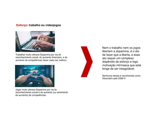 Esforço: trabalho ou videojogos
Trabalhar muito oferece Dopamina por via do
reconhecimento social, do aumento financeiro, e do
aumento de competências (fazer cada vez melhor).
Jogar muito oferece Dopamina por via do
reconhecimento social e do aumento (ou sentimento
de aumento) de competências.
Nem o trabalho nem os jogos
libertam a dopamina, é o ato
de fazer que a liberta, e esse
ato requer um complexo
dispêndio de esforço e logo
motivação intrínseca que está
longe de ser inesgotável.
Nenhuma destas é reconhecida como
Desordem pelo DSM V.
 