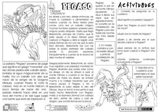 PROGRAMA
NACIONAL DE
lectura
escritura
Y
Esc. Prim. Vicente Guerrero
Los Placeres del Oro, Gro.g o n z a l e z _ m o l i n a 7 9 @ h o t m a i l . c o m
PORhUNhMODELOhEDUCATIVO
Sinhmemorizar,hsinhgritos,hsinhmiedo...
máshhumanohyhSINhEXÁMENES
Mtro.hJesúshGonzálezhMolina
MITOSMITOS
GRIEGOSGRIEGOS
PEGASOPEGASO Actividades
LaGpalabraG“Pegaso”GprovieneGdeGpagéG
queGsignificaGenGgriegoG“manantial”"GporG
esoGdondeGpisabaGesteGcaballoGalado"GG
brotabaG elG aguaG mágicamenteG deG suG
huellaDG EraG unG caballoG conG alasG queG
nacióG deG laG sangreG deG laG GorgonaG
Medusa"G cuandoG PerseoG leG cortóG laG
cabezaDG VivíaG enG elG monteG Helicón;G alG
pocoG tiempoG deG nacerG dioG unaG G
patadaG violentaG haciaG atrásG enG unaG
rocaG delG monteG yG enG eseG lugarG surgióG
unaGfuenteGqueGsirvióGdeGinspiraciónGaG
(DG ContestaG lasG preguntasG enG tuG
cuadernoD
¿QuéGsignificaGlaGpalabraGzpegasoz?
¿QuéG hizoG PegasoG alG pocoG tiempoG
deGnacer?
¿QuiénGeraGlaGmadreGdeGPegaso?
¿QuiénG yG deG dóndeG eraG elG queG
decidióGcapturarGaGPegaso?
¿QuéG piensasG deG laG actitudG queG
tomóGquienGcapturóGaGPegaso?G¿PorG
qué?
¿DóndeG podemosG contemplarG
actualmenteGaGPegaso?
losGdiosesGyGporGeso"GdesdeGentonces"GlasG
musasG loG cuidabanG yG alimentabanG enG
inviernoG cuandoG noG teníaG hierbaG paraG
comerDG omoG eraG unG caballoG mágicoG
muchosGhombresGquisieronGposeerloGperoG
ningunoGpodíaGatraparloDGHastaGqueGllegóG
Belerofonte"G príncipeG deG Corinto"G queG leG
pidióG ayudaG aG laG diosaG AteneaG paraG
capturarG aG PegasoG yG éstaGleGregalóG unasG
bridasG1frenosCGdeGoroGconGlasGqueGleGseríaG
fácilG domarloDG BelerofonteG fueG conG lasG
bridasG alG pradoG preferidoG delG caballoG
dondeG loG encontróG paciendoG
tranquilamenteGyGcuandoGseGleGacercóGseG
dejóGmontarGsinGresistirseD
DesgraciadamenteG BelerofonteG seG volvióG
muyGorgullosoGyGseGpaseabaGmontadoGenG
PegasoG diciendoG queG podíaG volarG comoG
losG diosesDG UnG díaG seG atrevióG aG subirG alG
monteG OlimpoG yG cuandoG loG vioG Zeus"G elG
padreG deG todosG losG dioses"G seG enfadóG
muchoG yG loG castigóG haciendoG queG unaG
moscaG picaraG aG PegasoG yG tiróG aG
BelerofonteG alG sueloG desdeG loG altoG delG
OlimpoDGZeusGnoGtomóGniGencuentaGloGqueG
habíaG hechoG BelerofonteG conG Pegaso:G
matarGaGlaGQuimeraG1AnimalGconGcabezaG
deG león"G vientreG deG cabraG yG colaG deG
dragón"GqueGvomitaGllamasGporGlaGbocaC
PegasoG seG
quedóG aG vivirG enG
elGmonteGOlimpoG
ayudandoG aG
ZeusG aG llevarG susG
rayosG queG enG
agradecimientoG
loGconvirtióGenGlaG
constelaciónG deG
PegasoGyGporGesoG
todasGlasGnochesG
nosG miraG desdeG
elGcieloD
)DGEnGmediaG
cartulinaGyGconG
acuarelaGdibujaG
yGpintaGlaG
constelaciónGdeG
PegasoDG
actiludis.com
jDGDescribeGenGtuG
cuadernoGaGlosG
personajesGyGloGqueG
estánGhaciendo
 