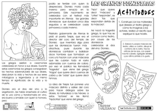 PROGRAMA
NACIONAL DE
lectura
escritura
Y
Esc. Prim. Vicente Guerrero
Los Placeres del Oro, Gro.g o n z a l e z _ m o l i n a 7 9 @ h o t m a i l . c o m
PORhUNhMODELOhEDUCATIVO
Sinhmemorizar,hsinhgritos,hsinhmiedo...
máshhumanohyhSINhEXÁMENES
Mtro.hJesúshGonzálezhMolina
MITOSMITOS
GRIEGOSGRIEGOS
LAS GRANDES DIONISIACASLAS GRANDES DIONISIACAS
Actividades
Losz griegosz asistíanz az ceremoniasz
celebradaszenzhonorzazsuszdioses.zDurantez
estaszceremoniaszloszgriegoszconsagrabanz
losz hechosz sobrenaturalesz dez susz dioses2z
descubrianz laz vidaz yz hechosz dez susz seresz
mitológicosz yz legendariosz yz alz mismoz
tiempoz elz significadoz dez laz vidaz yz laz
muerte.
Dionisioz eraz elz diosz delz vinoz yz laz
vegetación2zleszhabíazenseñadozelzcultivoz
dez laz uvaz cómoz yz transformarlaz enz vino2z
erazbuenozyzamablezconzquienzlozhonrara2z
perozz
actiludis.com
1.zConstruyezconzloszmaterialesz
quezdeseeszunzteatrozgriegozyz
cómoztezimaginaszazlosz
actores2zrealizazunzescritozquez
expliquezlozquezhiciste.
podíaz sez terriblez conz quienz loz
despreciara.z Dionisioz moríaz cadaz
inviernoz peroz renacíaz enz laz
primavera.z Estez nacimientoz sez
celebrabaz conz elz festivalz mász
importantez enz Atenas:z z lasz grandesz
dionisiacaszzquezdurabanzcincozdíasz
seguidosz yz sez celebrabanz cadaz
primaverazyzcadazinvierno.
Pisístratoz gobernantez dez Atenasz lez
pidóz alz poetaz Tespis2z quez eraz elz
directorz delz coroz delz temploz dez
Dionisioz z quez inventaraz algoz paraz
quez lasz dionisiacasz fueranz mász z
atractivas2z puesz durantez lasz
dionisiacasz cantabanz yz bailabanz
docez hombresz quez formabanz unz
corozyzlozhacíanzconzunaszmáscarasz
quez lesz cubríanz todoz elz rostroz
adornadasz conz cuernosz dez cabra2z
porz esoz elz públicoz lesz llamabdaz
EtragediaEz z quez vienez delz griegoz
EtragosEzquezquierezdecirzcuernoszdez
cabrazyzdezEodasEzquezquierezdecirz
himnos.
Laz ideaz dez Tespisz fuez ponersez unaz
máscaraz distintaz yz salirsez delz coroz
paraz hacerz diálogosz sobrez losz
dioses2zlaznaturalezazozloszhéroes;zaz
estosz EactoresEz sez lesz llamóz
EhipócritasEzquezvienezdelzgriegoz
EhipoEz quez quierez
decirz EmáscaraEz yz
EcritesEzEresponderE2zesz
decirz Elosz quez
respondíanz detrász dez
lazmáscaraE.
Asíz nacióz laz tragediaz
griega2zlozquezhoyzsez
conocezcomozteatro2z
porz causaz dez lasz
dionisiacasz
celebradasz alz diosz
delzvino:zDionisio.
2.zElaboraztuzpropiazmáscarazdez
teatro2zutilizazunzcartón2zdibujazelz
contornozdeztuzrostro2zhazzlosz
orificioszdezloszojos2zconzpapelz
machézcúbrela2zagrégalezdetallesz
yzporzúltimozpíntalazaztuzgusto.
 