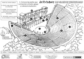 MITOSMITOS
GRIEGOSGRIEGOS
LAS GRANDES DIONISIACASLAS GRANDES DIONISIACASActividades
PROGRAMA
NACIONAL DE
lectura
escritura
Y
Esc. Prim. Vicente Guerrero
Los Placeres del Oro, Gro.
g o n z a l e z _ m o l i n a 7 9 @ h o t m a i l . c o m
PORhUNhMODELOhEDUCATIVO
Sinhmemorizar,hsinhgritos,hsinhmiedo...
máshhumanohyhSINhEXÁMENES
Mtro.hJesúshGonzálezhMolina actiludis.com
PARTESÉDELÉTEATROÉGRIEGO
A.ÉKOILON:ÉlugarÉdesdeÉdondeÉ
seÉcontempla
B.ÉSKENÉ:ÉzonaÉdondeÉpodíaÉ
adornarseÉconÉestatuasÉyÉ
columnasÉdondeÉseÉfijabanÉlosÉ
decorados.
C.ÉORCHESTRA:ÉespacioÉdondeÉ
elÉcoroÉbailabaÉyÉcantaba.
3.ÉConoceÉlasÉpartesÉqueÉ
componíanÉalÉteatroÉgriegoÉ
yÉcoloreaÉlaÉilustración.
A.é«Koilon»,é1.éGradaséoéasientos,é2.éKerkis,é3.éDiazoma,é4.éEscaleras,éB.é«Skené»,é5.éDecorados,é6.éProskenion,é7.éColumnataédeélaéSkené,éC.é«Orchestra»,é8.éCoro,é9.éPárodos
 