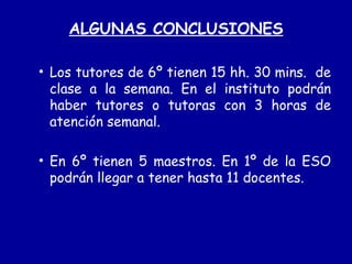ALGUNAS CONCLUSIONES Los tutores de 6º tienen 15 hh. 30 mins.  de clase a la semana. En el instituto podrán haber tutores o tutoras con 3 horas de atención semanal. En 6º tienen 5 maestros. En 1º de la ESO podrán llegar a tener hasta 11 docentes. 