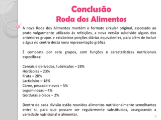 Conclusão
                    Roda dos Alimentos
A nova Roda dos Alimentos mantém o formato circular original, associado ao
prato vulgarmente utilizado às refeições, a nova versão subdivide alguns dos
anteriores grupos e estabelece porções diárias equivalentes, para além de incluir
a água no centro desta nova representação gráfica.

É composta por sete grupos, com funções e características nutricionais
específicas:

Cereais e derivados, tubérculos – 28%
Hortícolas – 23%
Fruta – 20%
Lacticínios – 18%
Carne, pescado e ovos – 5%
Leguminosas – 4%
Gorduras e óleos – 2%

Dentro de cada divisão estão reunidos alimentos nutricionalmente semelhantes
entre si, para que possam ser regularmente substituídos, assegurando a
variedade nutricional e alimentar.                                         21
 