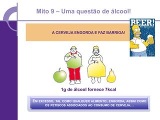 Mito 9 – Uma questão de álcool!


         A CERVEJA ENGORDA E FAZ BARRIGA!




              1g de álcool fornece 7kcal

EM EXCESSO, TAL COMO QUALQUER ALIMENTO, ENGORDA, ASSIM COMO
      OS PETISCOS ASSOCIADOS AO CONSUMO DE CERVEJA…
 