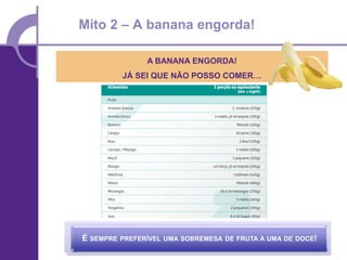 Mito 2 – A banana engorda!

                 A BANANA ENGORDA!
           JÁ SEI QUE NÃO POSSO COMER…




É SEMPRE   PREFERÍVEL UMA SOBREMESA DE FRUTA A UMA DE DOCE!
 
