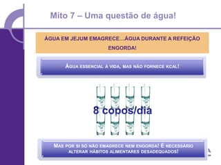 Mito 7 – Uma questão de água!

ÁGUA EM JEJUM EMAGRECE…ÁGUA DURANTE A REFEIÇÃO
                        ENGORDA!


        ÁGUA ESSENCIAL À VIDA,   MAS NÃO FORNECE KCAL!




  MAS   POR SI SÓ NÃO EMAGRECE NEM ENGORDA! É NECESSÁRIO
         ALTERAR HÁBITOS ALIMENTARES DESADEQUADOS!
 