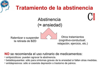 Tratamiento de la abstinencia
Abstinencia
(≈ ansiedad)
Ralentizar o suspender
la retirada de BZD
Otros tratamientos
(cognitivo-conductual;
relajación; ejercicio, etc.)
NO se recomienda el uso rutinario de medicamentos:
• antipsicóticos: pueden agravar la abstinencia.
• betabloqueantes: sólo para síntomas graves de la ansiedad si fallan otras medidas.
• antidepresivos: sólo si coexiste depresión o trastorno de pánico.
 
