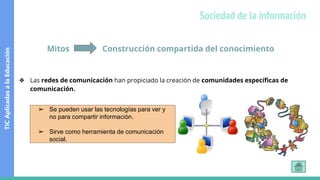 Mitos Construcción compartida del conocimiento
❖ Las redes de comunicación han propiciado la creación de comunidades específicas de
comunicación.
➢ Se pueden usar las tecnologías para ver y
no para compartir información.
➢ Sirve como herramienta de comunicación
social.
TIC
Aplicadas
a
la
Educación
Sociedad de la información
 