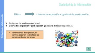 Mitos Libertad de expresión e igualdad de participación
❖ Se dispone de total acceso a la red.
❖ Libertad de expresión y participación igualitaria de todas las personas.
➢ Tener libertad de expresión, no
significa saber en su totalidad los
conocimientos de los temas.
TIC
Aplicadas
a
la
Educación
Sociedad de la información
 