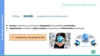 Mitos Amplitud de la información
❖ Acceso sin límites a la red para la búsqueda de variedad de contenidos.
❖ Importancia a enseñar a poder evaluar y discriminar la información encontrada.
➢ Comprensión más amplia de todo.
TIC
Aplicadas
a
la
Educación
Sociedad de la información
 