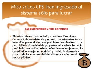 Mito 2: Los CPS han ingresado al 
sistema sólo para lucrar 
Eso es ignorancia y falta de respeto 
 El sector privado ha aportado, a la educación chilena, 
durante toda su existencia y no sólo con infraestructura e 
inversión, para solucionar el problema de cobertura… ha 
permitido la diversidad de proyectos educativos, ha hecho 
posible la concreción de los sueños de muchos jóvenes, ha 
contribuido a mejorar la calidad y ha sido la alternativa 
para suplir las enormes deficiencias mostradas por el 
sector público. 
 