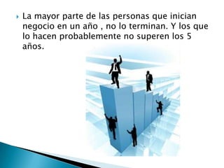  La mayor parte de las personas que inician
negocio en un año , no lo terminan. Y los que
lo hacen probablemente no superen los 5
años.