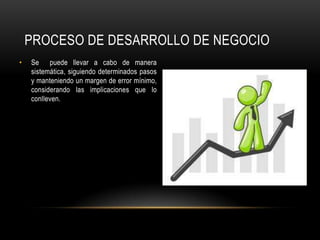 PROCESO DE DESARROLLO DE NEGOCIO
• Se puede llevar a cabo de manera
sistemática, siguiendo determinados pasos
y manteniendo un margen de error mínimo,
considerando las implicaciones que lo
conlleven.
 