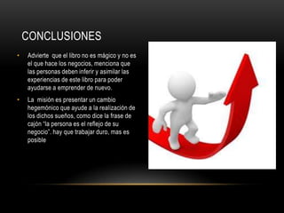 CONCLUSIONES
• Advierte que el libro no es mágico y no es
el que hace los negocios, menciona que
las personas deben inferir y asimilar las
experiencias de este libro para poder
ayudarse a emprender de nuevo.
• La misión es presentar un cambio
hegemónico que ayude a la realización de
los dichos sueños, como dice la frase de
cajón “la persona es el reflejo de su
negocio”. hay que trabajar duro, mas es
posible
 