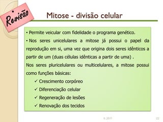 Mitose - divisão celular
• Permite veicular com fidelidade o programa genético.
• Nos seres unicelulares a mitose já possui o papel da
reprodução em si, uma vez que origina dois seres idênticos a
partir de um (duas células idênticas a partir de uma) .
Nos seres pluricelulares ou multicelulares, a mitose possui
como funções básicas:
     Crescimento corpóreo
     Diferenciação celular
     Regeneração de lesões
     Renovação dos tecidos

                                       IL 2011                 22
 