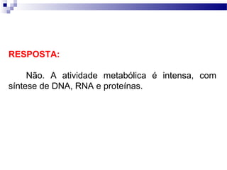 RESPOSTA:

     Não. A atividade metabólica é intensa, com
síntese de DNA, RNA e proteínas.
 
