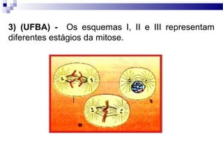 3) (UFBA) - Os esquemas I, II e III representam
diferentes estágios da mitose.
 
                                                                                                                              
 
 